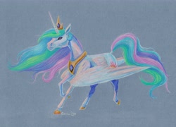 Size: 6732x4851 | Tagged: safe, artist:cahandariella, princess celestia, alicorn, horse, pony, g4, colored pencil drawing, crown, hoers, jewelry, large wings, missing accessory, partially open wings, peytral, realistic, regalia, running, solo, sternocleidomastoid, traditional art, wings