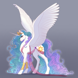 Size: 2048x2048 | Tagged: safe, alternate version, artist:eljesala, princess celestia, alicorn, pony, g4, beautiful, concave belly, epic, female, gradient background, high res, large wings, long legs, long mane, long tail, majestic, mare, sash, smiling, solo, spread wings, tail, tall, wings