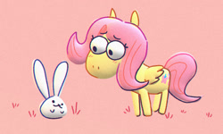 Size: 1820x1093 | Tagged: safe, artist:punkittdev, angel bunny, fluttershy, pegasus, pony, rabbit, g4, animal, duo, female, film grain, looking at each other, looking at someone, male, mare, pink background, simple background