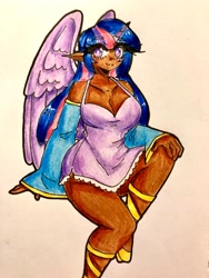 Size: 3024x4032 | Tagged: safe, artist:mylittleyuri, twilight sparkle, human, g4, breasts, busty twilight sparkle, cleavage, clothes, dark skin, detached sleeves, dress, elf ears, eyebrows, eyebrows visible through hair, hand on knee, hand on leg, high res, horn, horned humanization, humanized, looking at you, smiling, smiling at you, solo, traditional art, twilight sparkle (alicorn), winged humanization, wings
