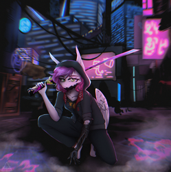 Size: 2232x2238 | Tagged: safe, oc, oc only, oc:ellie berryheart, pegasus, anthro, city, clothes, cyberpunk, female, green eyes, high res, hoodie, implants, katana, long ears, looking at you, neon, night, prosthetics, purple, samurai, serious, solo, sword, weapon, wings