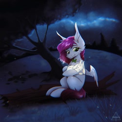 Size: 1080x1080 | Tagged: safe, oc, oc only, oc:ellie berryheart, pegasus, pony, g4, bowtie, female, forest, green eyes, hug, long ears, nature, night, ori, resting, sleeping, smiling, solo, tail, tree, wings