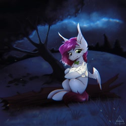 Size: 1080x1080 | Tagged: safe, artist:shinech9, oc, oc only, oc:ellie berryheart, pegasus, pony, g4, bowtie, female, forest, green eyes, hug, long ears, nature, night, ori, resting, sleeping, smiling, solo