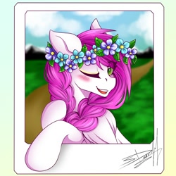 Size: 2000x2000 | Tagged: safe, artist:lyhyo, oc, oc only, oc:ellie berryheart, pegasus, pony, g4, black eyeshadow, bust, eyeshadow, female, flower, flower in hair, fluffy, green eyes, high res, looking at you, makeup, one eye closed, pigtails, portrait, smiling, solo, summer, wink, wreath