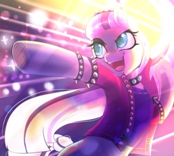 Size: 2231x2000 | Tagged: safe, artist:jezebel_remedy, coloratura, earth pony, pony, g4, armband, bipedal, choker, clothes, countess coloratura, female, high res, jacket, mare, open mouth, open smile, pointing, smiling, solo, studded choker