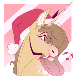 Size: 2000x2000 | Tagged: safe, artist:uunicornicc, oc, oc only, pony, unicorn, candy, candy cane, christmas, food, hat, high res, hoers, holiday, horn, santa hat, solo, sternocleidomastoid, unicorn oc