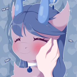 Size: 3500x3500 | Tagged: safe, artist:chura chu, oc, oc:blubberry bell, earth pony, human, pony, behaving like a cat, bell, bell collar, blushing, bust, chest fluff, collar, coral, cute, female, hand, high res, horns, human on pony petting, mare, petting, portrait, purring, shy, smiling, solo