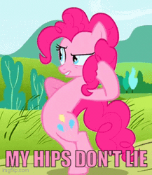 Size: 260x300 | Tagged: safe, edit, edited screencap, screencap, pinkie pie, earth pony, pony, g4, putting your hoof down, season 2, animated, caption, gif, hips don't lie, image macro, imgflip, impact font, sassy, text