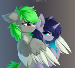 Size: 2116x1916 | Tagged: safe, artist:lunylin, oc, oc only, oc:emerald stonesetter, oc:stardust splash, pegasus, pony, unicorn, aeroverse, blushing, couple, cuddling, female, gradient background, hug, looking at each other, looking at someone, male, mare, oc x oc, shipping, spooning, stallion, straight, winghug, wings