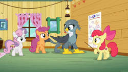Size: 1920x1080 | Tagged: safe, screencap, apple bloom, gabby, scootaloo, sweetie belle, earth pony, griffon, pegasus, pony, unicorn, g4, season 6, the fault in our cutie marks, animated, clubhouse, crusaders clubhouse, cutie mark crusaders
