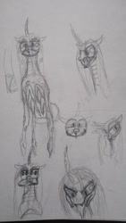 Size: 576x1024 | Tagged: safe, artist:felfox, queen chrysalis, changeling, changeling queen, pony, g4, alternate design, curved horn, fangs, female, horn, long tongue, mare, monochrome, multiple limbs, solo, tongue out, traditional art, unusual pupils