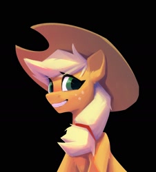 Size: 1399x1546 | Tagged: safe, artist:senaelik, applejack, earth pony, pony, g4, applejack's hat, black background, cowboy hat, female, freckles, hat, mare, simple background, smiling, solo