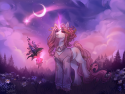 Size: 4000x3000 | Tagged: safe, artist:sweettsa1t, oc, oc only, pony, unicorn, clothes, commission, crescent moon, female, flower, forest, hair accessory, jewelry, magic, mare, meadow, moon, nature, necklace, shirt, shooting star, telekinesis, tree