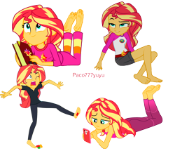 Size: 2790x2403 | Tagged: safe, artist:paco777yuyu, artist:pacoyuyu777, edit, edited screencap, screencap, sunset shimmer, equestria girls, g4, background removed, barefoot, book, clothes, compilation, feet, female, fetish, foot fetish, foot focus, high res, shoes, simple background, soles, solo, sunset, sunset's journal, transparent background