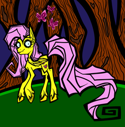 Size: 2231x2269 | Tagged: safe, artist:coffeefueledchainsaw, fluttershy, butterfly, pegasus, pony, g4, female, forest, high res, mare, nature, solo, tree, unshorn fetlocks