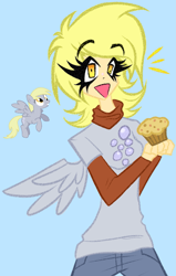 Size: 1645x2587 | Tagged: safe, artist:coffeefueledchainsaw, derpy hooves, human, pony, g4, blue background, cyan background, female, food, humanized, mare, muffin, simple background, solo, winged humanization, wings