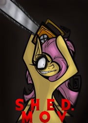 Size: 1616x2241 | Tagged: safe, artist:coffeefueledchainsaw, fluttershy, pegasus, pony, .mov, shed.mov, g4, bipedal, chainsaw, female, mare, solo