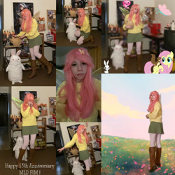 Size: 3464x3464 | Tagged: safe, artist:coffeefueledchainsaw, angel bunny, fluttershy, human, pony, rabbit, squirrel, g4, animal, clothes, cosplay, costume, female, high res, irl, irl human, mare, photo, solo