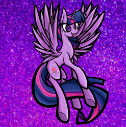 Size: 2677x2709 | Tagged: safe, artist:coffeefueledchainsaw, twilight sparkle, alicorn, pony, g4, abstract background, female, flying, high res, mare, solo, twilight sparkle (alicorn)