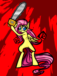Size: 1620x2160 | Tagged: safe, artist:coffeefueledchainsaw, fluttershy, pegasus, pony, .mov, shed.mov, g4, abstract background, bipedal, chainsaw, female, mare, solo