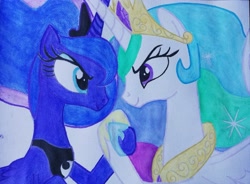Size: 2901x2139 | Tagged: safe, artist:paajbach, princess celestia, princess luna, alicorn, pony, between dark and dawn, g4, season 9, colored, colored pencil drawing, duo, female, flat colors, high res, holding hooves, hoof shoes, hoofshake, jewelry, mare, regalia, royal sisters, siblings, sisters, traditional art, watercolor painting
