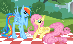 Size: 3159x1934 | Tagged: safe, artist:coffeefueledchainsaw, angel bunny, fluttershy, rainbow dash, pegasus, pony, rabbit, g4, animal, duo, female, lesbian, lying down, mare, picnic, picnic blanket, prone, ship:flutterdash, shipping, sleeping