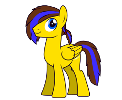 Size: 3538x2904 | Tagged: safe, artist:olkategrin, edit, oc, oc only, oc:lemon box, pegasus, pony, 2024 community collab, derpibooru community collaboration, blue eyes, blue mane, brown mane, folded wings, high res, looking back, male, pegasus oc, ponytail, simple background, smiling, solo, tail, transparent background, two toned hair, two toned mane, two toned tail, wings