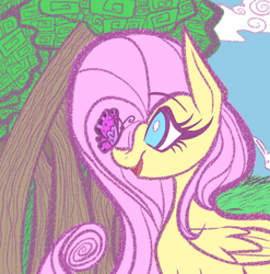 Size: 1128x1143 | Tagged: safe, artist:coffeefueledchainsaw, fluttershy, butterfly, pegasus, pony, g4, female, forest, mare, nature, solo, tree