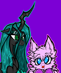 Size: 1976x2347 | Tagged: safe, artist:coffeefueledchainsaw, queen chrysalis, oc, oc:fluffle puff, changeling, changeling queen, earth pony, pony, g4, canon x oc, duo, female, green outline, lesbian, mare, pink background, pink outline, ship:chrysipuff, shipping, simple background