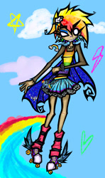 Size: 1248x2112 | Tagged: safe, artist:coffeefueledchainsaw, rainbow dash, human, g4, clothes, emo, emodash, female, humanized, rainbow, roller skates, skates, skirt, solo, spiked wristband, toy, wristband