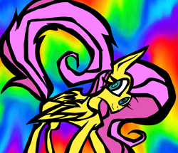 Size: 2146x1848 | Tagged: safe, artist:coffeefueledchainsaw, fluttershy, pegasus, pony, g4, abstract background, female, mare, rainbow background, solo