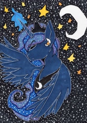 Size: 1580x2224 | Tagged: safe, artist:coffeefueledchainsaw, princess luna, alicorn, pony, g4, crescent moon, eyebrows, eyebrows visible through hair, eyes closed, female, jewelry, magic, mare, moon, peytral, regalia, solo, stars, traditional art