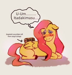 Size: 1080x1132 | Tagged: safe, artist:butwerebothmares, fluttershy, pegasus, pony, g4, blushing, dialogue, food, looking at you, lying down, prone, solo, sushi