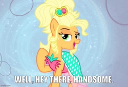 Size: 729x500 | Tagged: safe, edit, edited screencap, screencap, applejack, g4, simple ways, applejewel, caption, clothes, dress, image macro, imgflip, impact font, talking to viewer, text