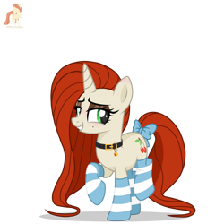 Size: 3000x3000 | Tagged: safe, artist:r4hucksake, oc, oc only, oc:cherry smoothie, pony, unicorn, base used, bell, bell collar, blushing, bow, clothes, collar, eyeshadow, high res, horn, long mane, long tail, looking at you, makeup, mascara, simple background, smiling, smiling at you, socks, solo, standing on two hooves, striped socks, tail, tail bow, transparent background