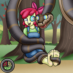 Size: 2000x2000 | Tagged: safe, artist:ordeperv, apple bloom, human, equestria girls, g4, coils, feet, female, fetish, foot fetish, high res, hypno eyes, hypnosis, hypnotized, kaa, kaa eyes, male, open mouth, open smile, smiling, tickling, tree