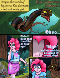 Size: 1265x1635 | Tagged: safe, artist:ordeperv, artist:yuu-chan, pinkie pie, human, snake, comic:kaa and pinkie pie, equestria girls, g4, comic, crying, female, forest, jungle, kaa, lost, nature, scared, tree