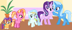 Size: 2380x998 | Tagged: safe, artist:wildrose17, luster dawn, starlight glimmer, trixie, oc, oc:ivory fire, oc:snow lilly, pony, unicorn, g4, base used, best friends, female, filly, foal, group, luster dawn is starlight's and sunburst's daughter, mare, offspring, parent:prince blueblood, parent:starlight glimmer, parent:sunburst, parent:trixie, parents:bluetrix, parents:starburst