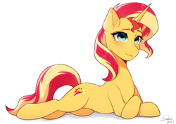 Size: 3508x2480 | Tagged: safe, artist:xiaowu07, sunset shimmer, pony, unicorn, g4, female, high res, looking at you, lying down, mare, prone, simple background, smiling, smiling at you, solo, white background