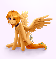Size: 1800x1900 | Tagged: safe, artist:moewwur, artist:rin-mandarin, oc, oc only, oc:limta, pegasus, pony, pony town, behaving like a cat, chest fluff, collar, ear scratch, ginger hair, pegasus wings, purple eyes, scratches, scratching, simple background, sitting, spread wings, wings, yellow mane