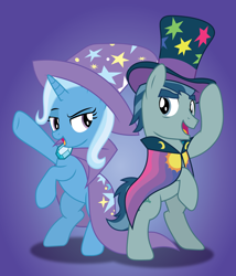 Size: 1800x2100 | Tagged: safe, artist:prixy05, hoofdini, rufus, trixie, earth pony, pony, unicorn, g4, g5, bipedal, cape, clothes, duo, duo male and female, female, g5 to g4, generation leap, hat, male, mare, purple background, rufus and his heroine, simple background, stallion, top hat, trixie's hat
