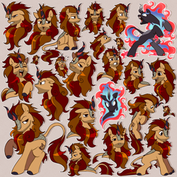 Size: 2500x2500 | Tagged: safe, artist:syrupyyy, oc, oc:pixel cache, kirin, nirik, closed mouth, cloven hooves, colored hooves, ear piercing, earring, ears back, fangs, fire, five o'clock shadow, frown, gray background, high res, jewelry, jumping, kirin oc, laughing, leonine tail, lidded eyes, male, open mouth, piercing, raised hoof, rearing, simple background, sitting, smiling, solo, stallion, standing, tail, tan background, turned head, yelling