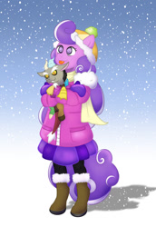 Size: 1036x1508 | Tagged: safe, artist:fluttercord45, discord, screwball, human, semi-anthro, g4, :p, boots, clothes, coat, ears up, holding, holding a present, jacket, pink coat, plushie, pocket, purple skirt, shadow, shoes, skirt, snow, snowfall, swirly eyes, tongue out