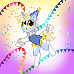 Size: 2000x2000 | Tagged: safe, artist:nootaz, oc, oc only, oc:nootaz, pony, unicorn, confetti, female, gradient background, hat, high res, mare, party hat, solo