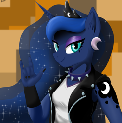Size: 2153x2160 | Tagged: safe, artist:leddaq, princess luna, anthro, g4, bracer, clothes, collar, devil horn (gesture), ear piercing, earring, high res, jewelry, leather, leather vest, looking at you, piercing, smiling, solo, spiked collar, vest