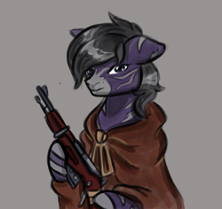 Size: 2221x2101 | Tagged: safe, artist:devorierdeos, oc, oc only, oc:shiro, hybrid, pony, zony, fallout equestria, bust, gun, high res, mosin, mosin nagant, portrait, raincoat, shy, simple background, solo, weapon, zony oc