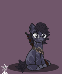 Size: 4245x5021 | Tagged: safe, artist:devorierdeos, oc, oc:shiro, hybrid, pony, zony, fallout equestria, bust, cartridge belt, gun, mosin, mosin nagant, rifle cartridges, shy, simple background, solo, weapon, zony oc