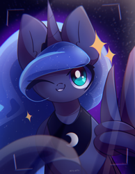 Size: 2100x2700 | Tagged: safe, artist:miryelis, princess luna, alicorn, pony, g4, big eyes, cute, female, high res, horn, long hair, looking at you, mare, one eye closed, smiling, solo, sparkles, thumbs up, wing hands, wings, wink, winking at you