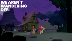 Size: 2000x1125 | Tagged: safe, edit, edited screencap, editor:quoterific, screencap, apple bloom, scootaloo, sweetie belle, pegasus, pony, appleoosa's most wanted, g4, season 5, caption, cutie mark crusaders, female, filly, foal, night, text, tree