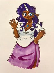 Size: 3024x4032 | Tagged: safe, artist:mylittleyuri, rarity, human, g4, blushing, clothes, cute, dark skin, elf ears, female, horn, horned humanization, humanized, jewelry, marker drawing, necklace, raribetes, shirt, skirt, solo, traditional art, waving